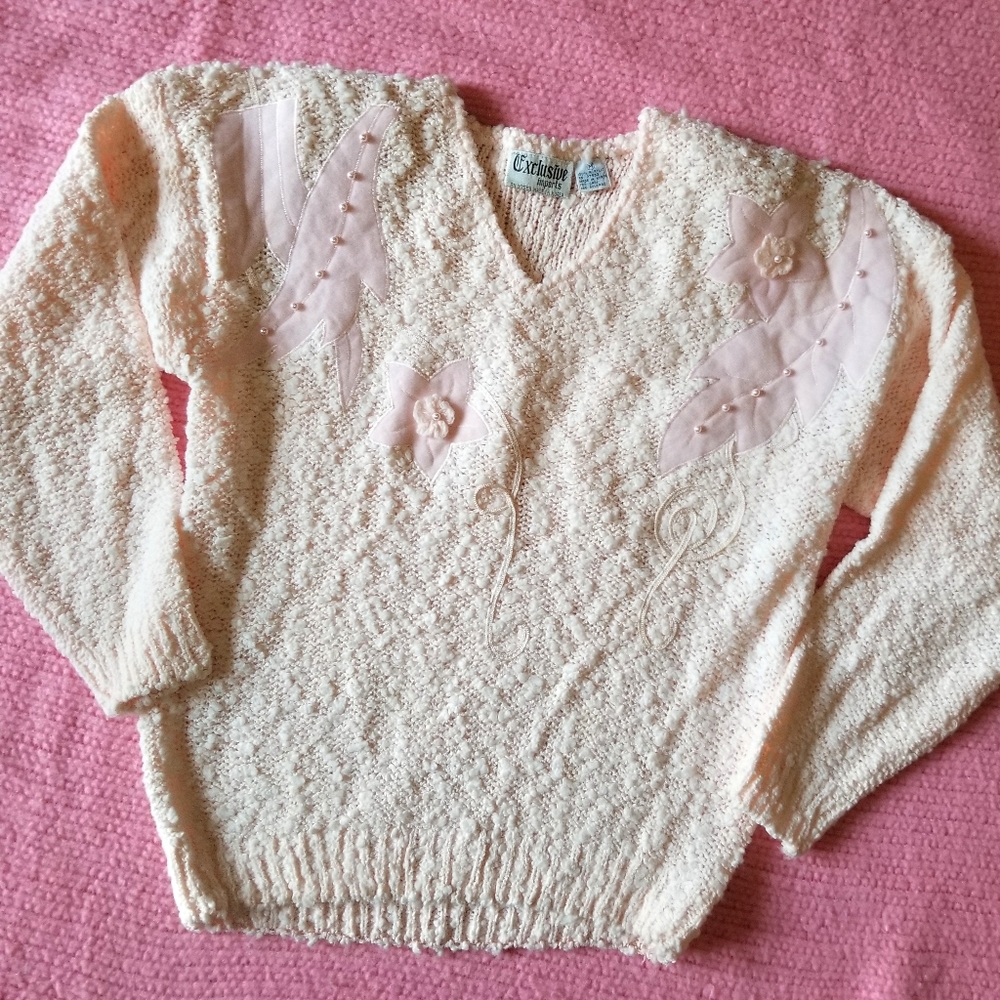 Vintage Blush Pink Feminine Floral Accent Sweater